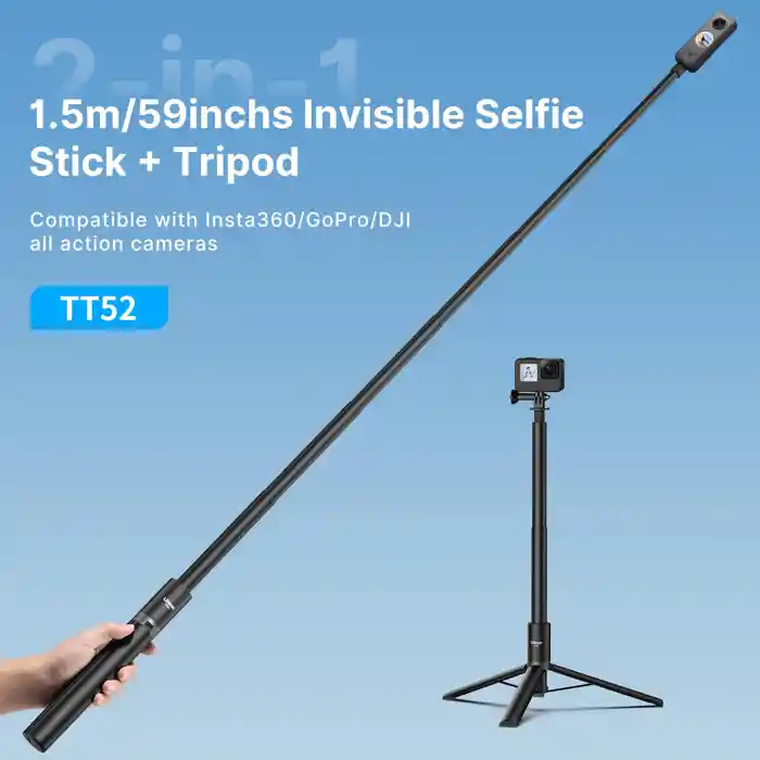 Ulanzi TT52 Lightweight 2-in-1 Selfie Stick Tripod 1.5m Extendable Pole with GoPro Adapter & 1/4" Screw Mount for Smartphones Action Cameras Vlogging